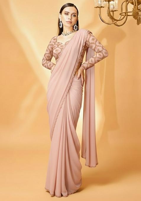 Pink Embellished Crepe Pre Draped Saree Set