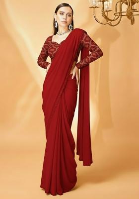 Maroon Embellished Crepe Pre Draped Saree Set