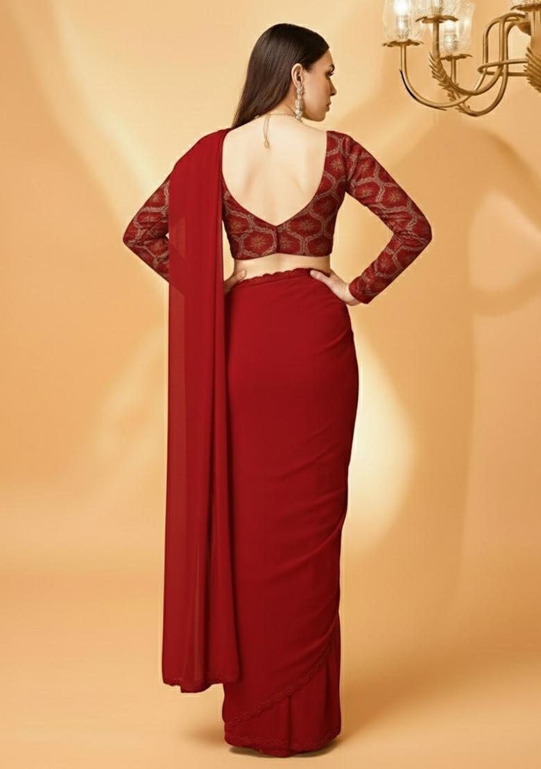 Maroon Embellished Crepe Pre Draped Saree Set - Indya