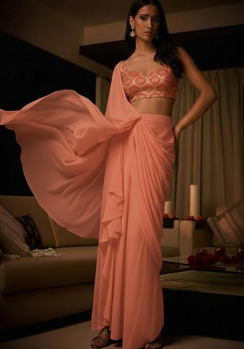 Peach Embellished Crepe Pre Draped Saree Set