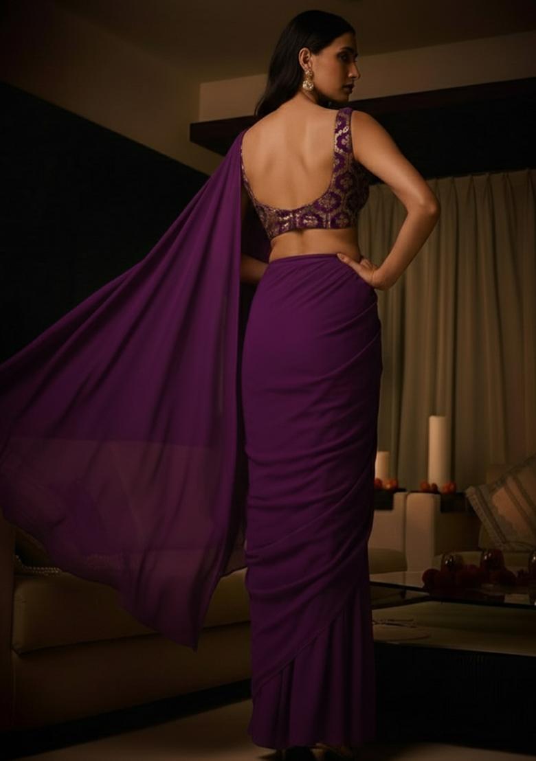 Purple Embellished Crepe Pre Draped Saree Set - Indya