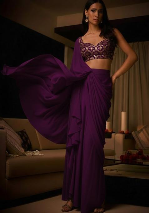 Purple Embellished Crepe Pre Draped Saree Set