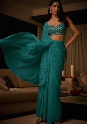Teal Green Embellished Crepe Pre Draped Saree Set