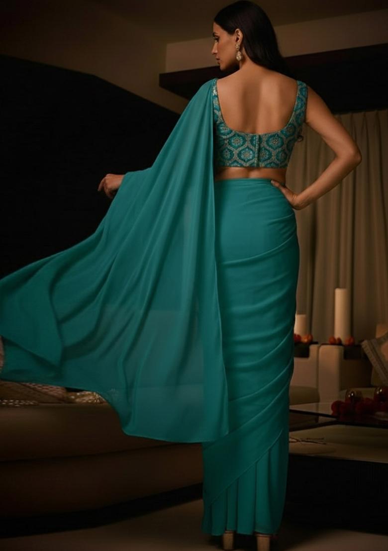 Teal Green Embellished Crepe Pre Draped Saree Set - Indya