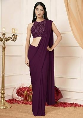 Purple Embellished Crepe Pre Draped Saree Set
