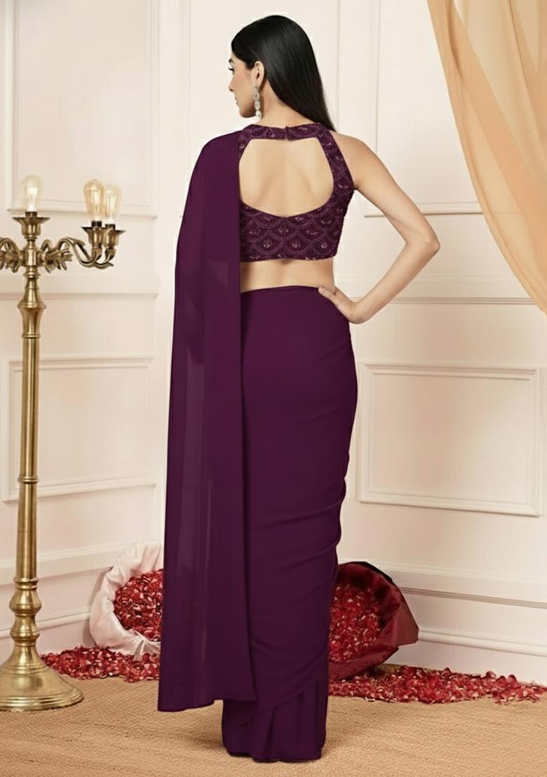 Purple Embellished Crepe Pre Draped Saree Set - Indya