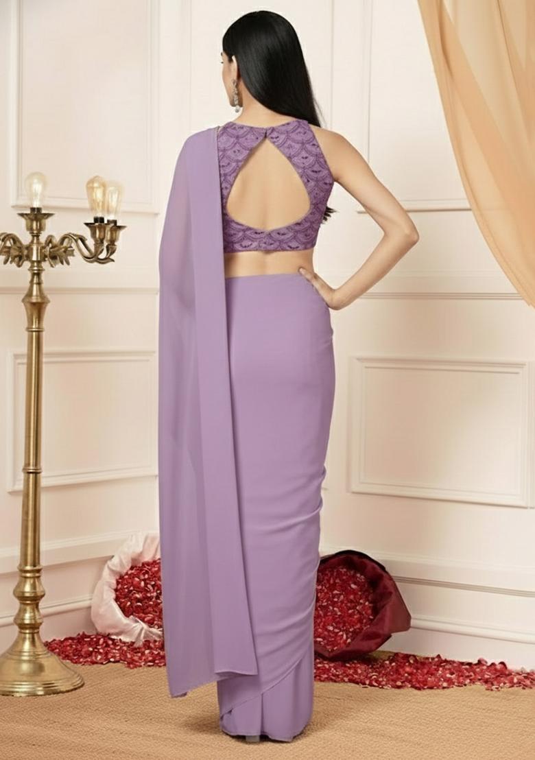 Lavender Embellished Crepe Pre Draped Saree Set - Indya