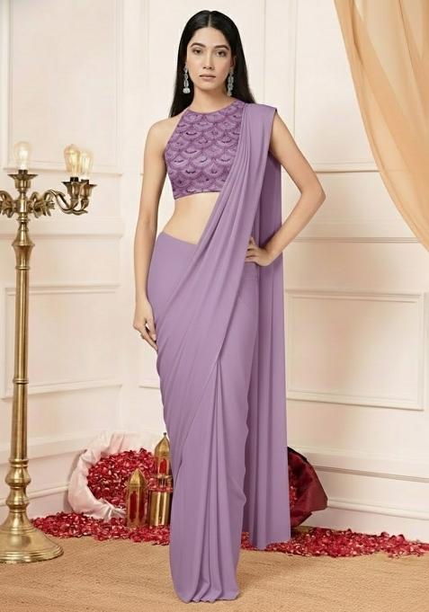 Lavender Embellished Crepe Pre Draped Saree Set