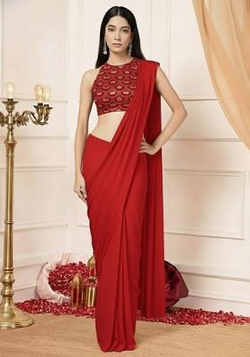 Red Embellished Crepe Pre Draped Saree Set