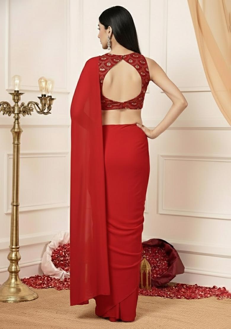 Red Embellished Crepe Pre Draped Saree Set - Indya
