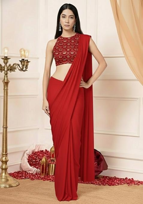 Red Embellished Crepe Pre Draped Saree Set