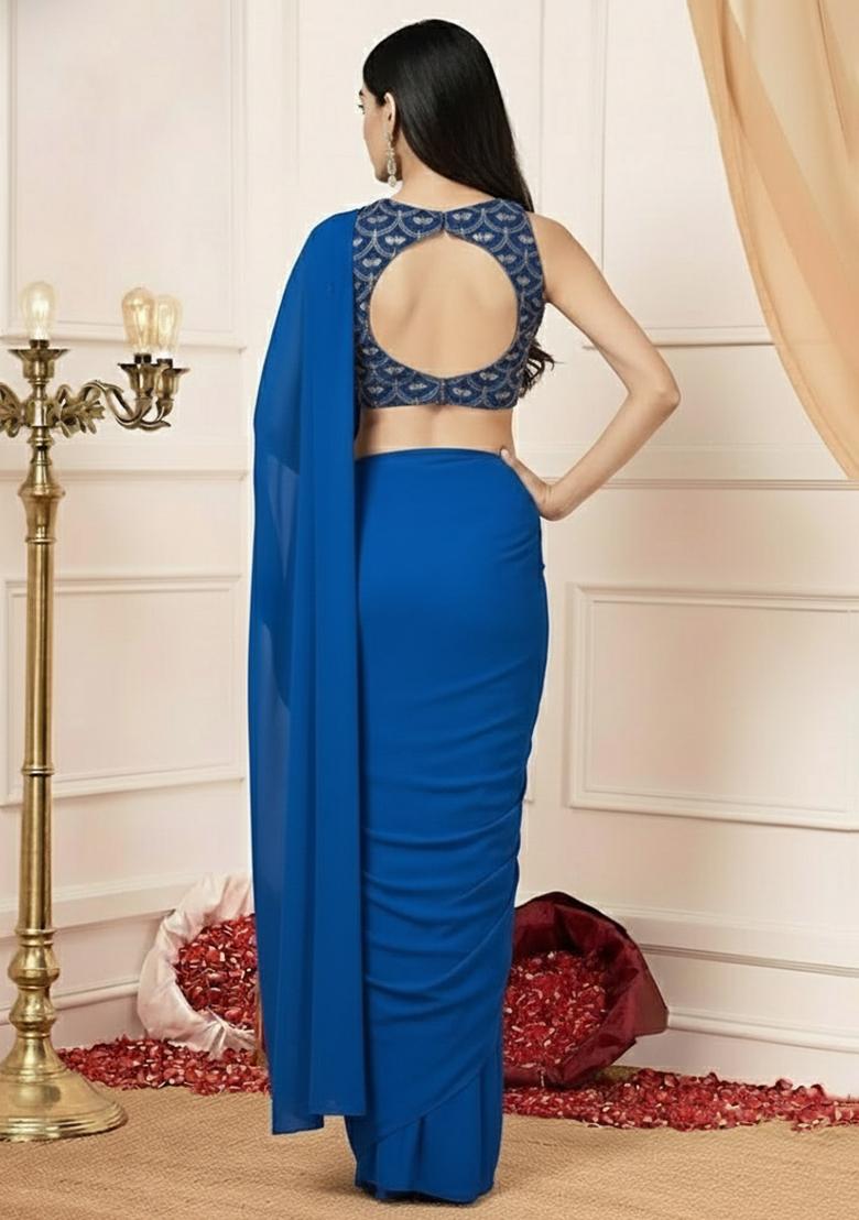 Royal Blue Embellished Crepe Pre Draped Saree Set - Indya