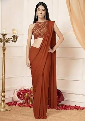 Rust Brown Embellished Crepe Pre Draped Saree Set