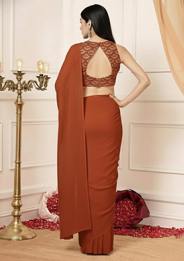 Rust Brown Embellished Crepe Pre Draped Saree Set - Indya