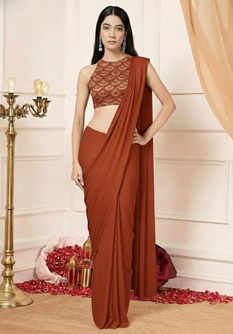 Rust Brown Embellished Crepe Pre Draped Saree Set