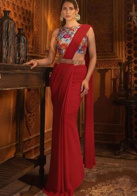 Red Floral Print Crepe Pre Draped Saree Set
