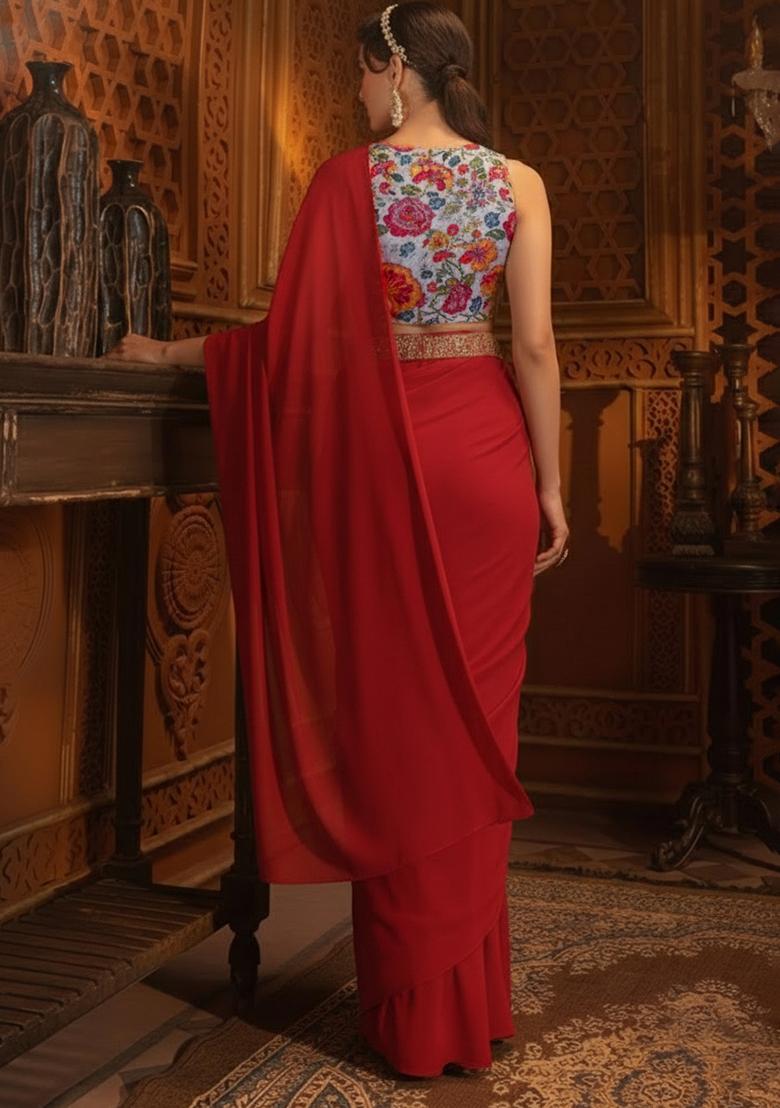 Red Floral Print Crepe Pre Draped Saree Set - Indya