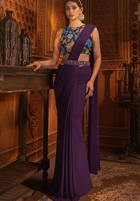 Purple Floral Print Crepe Pre Draped Saree Set