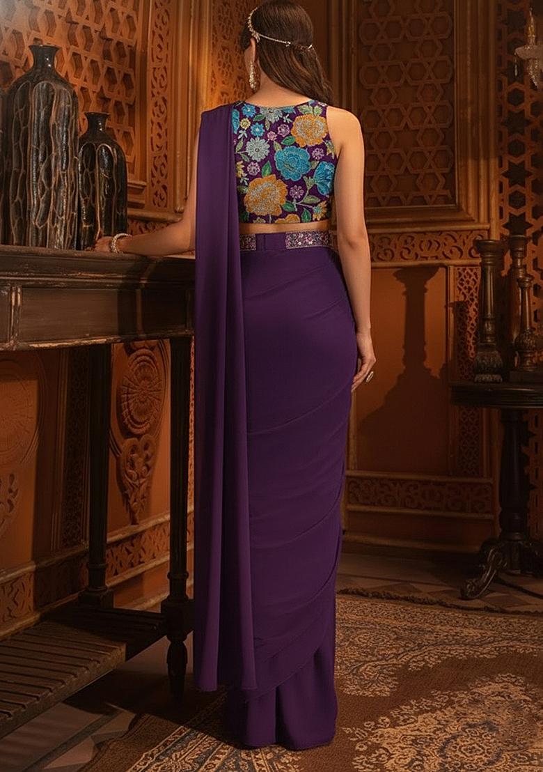 Purple Floral Print Crepe Pre Draped Saree Set - Indya