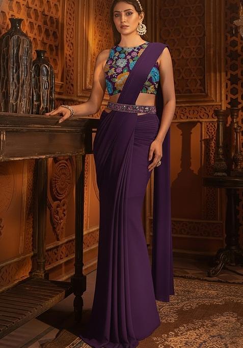 Purple Floral Print Crepe Pre Draped Saree Set