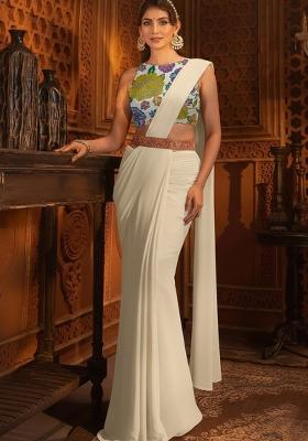 Ivory Floral Print Crepe Pre Draped Saree Set