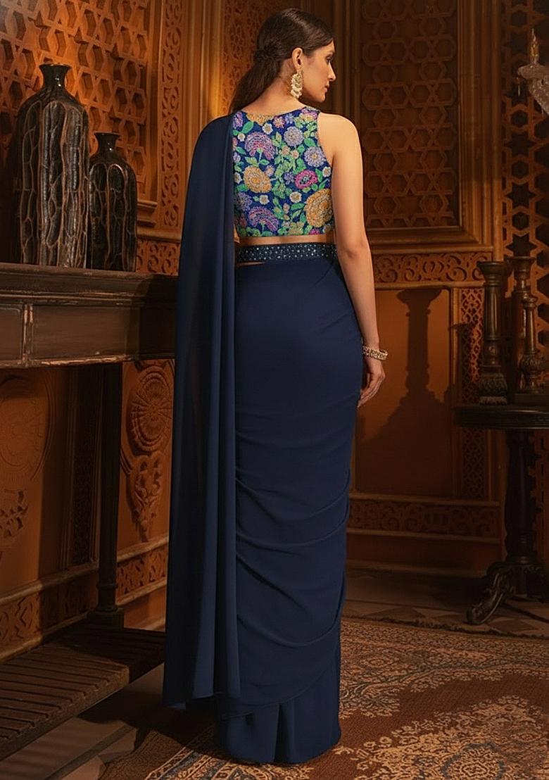 Midnight Blue Floral Print Crepe Pre Draped Saree Set - Indya