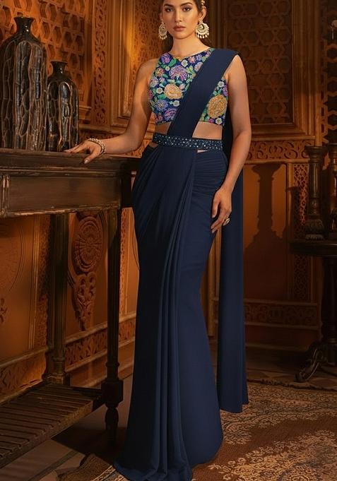 Midnight Blue Floral Print Crepe Pre Draped Saree Set