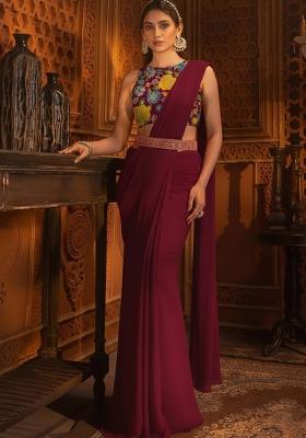 Wine Floral Print Crepe Pre Draped Saree Set