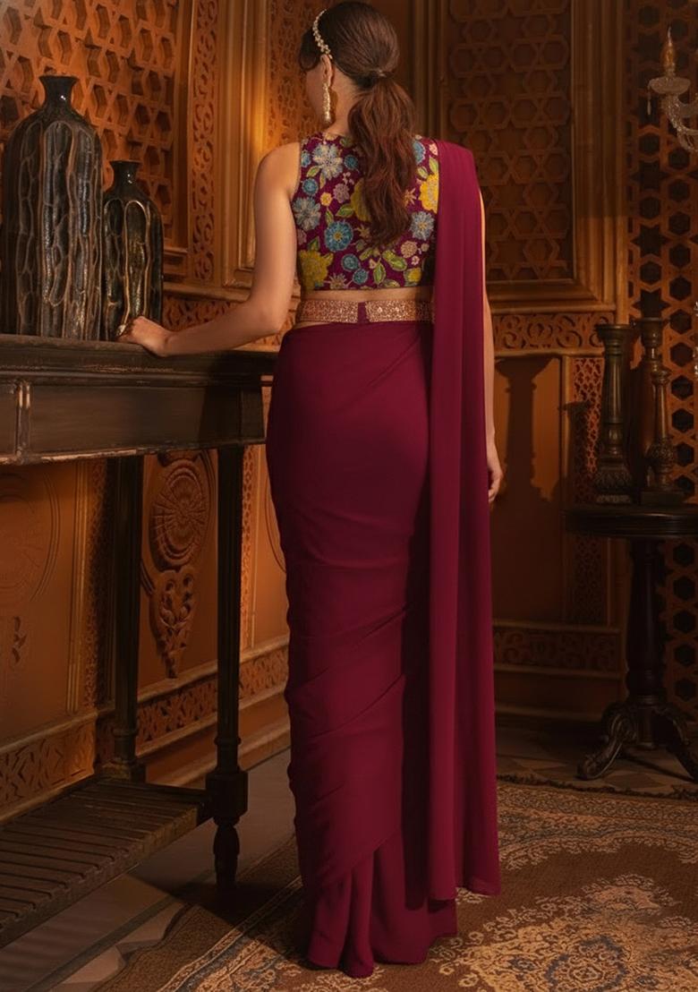 Wine Floral Print Crepe Pre Draped Saree Set - Indya