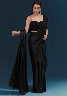 Black Embroidered Velvet Pre Draped Saree Set
