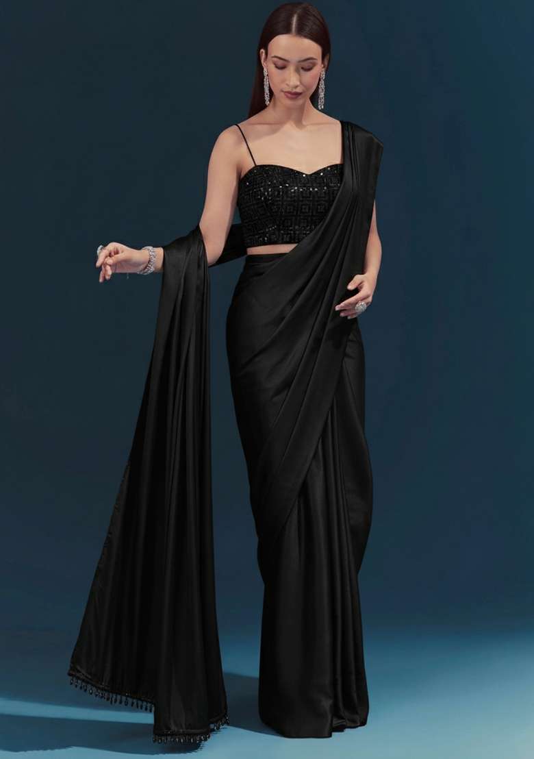 Black Embroidered Velvet Pre Draped Saree Set - Indya