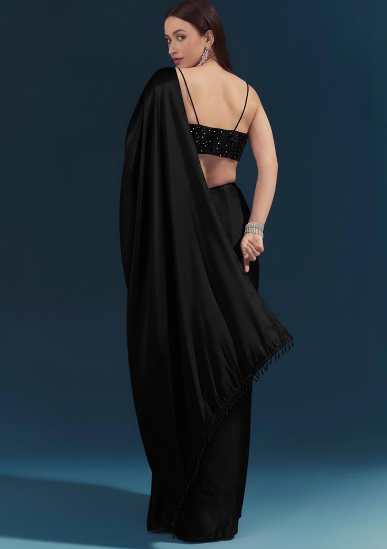 Black Embroidered Velvet Pre Draped Saree Set - Indya