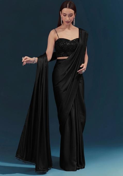 Black Embroidered Velvet Pre Draped Saree Set