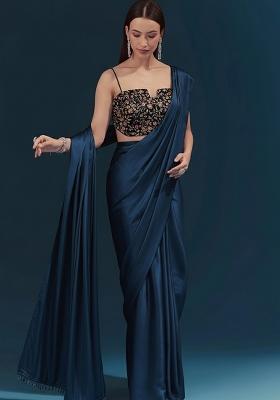 Midnight Blue Embroidered Velvet Pre Draped Saree Set