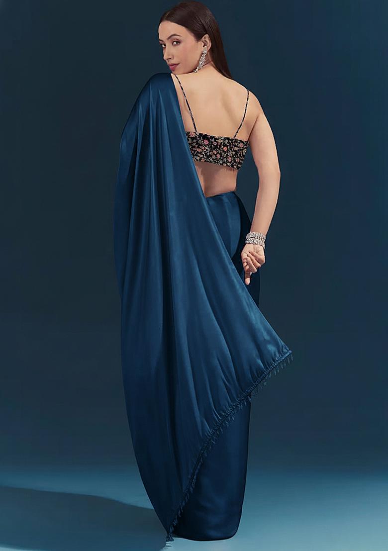 Midnight Blue Embroidered Velvet Pre Draped Saree Set - Indya