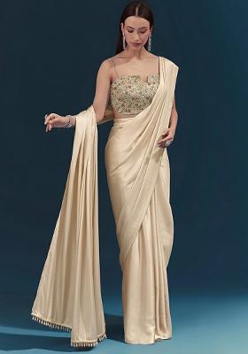 Golden Beige Embroidered Tissue Pre Draped Saree Set