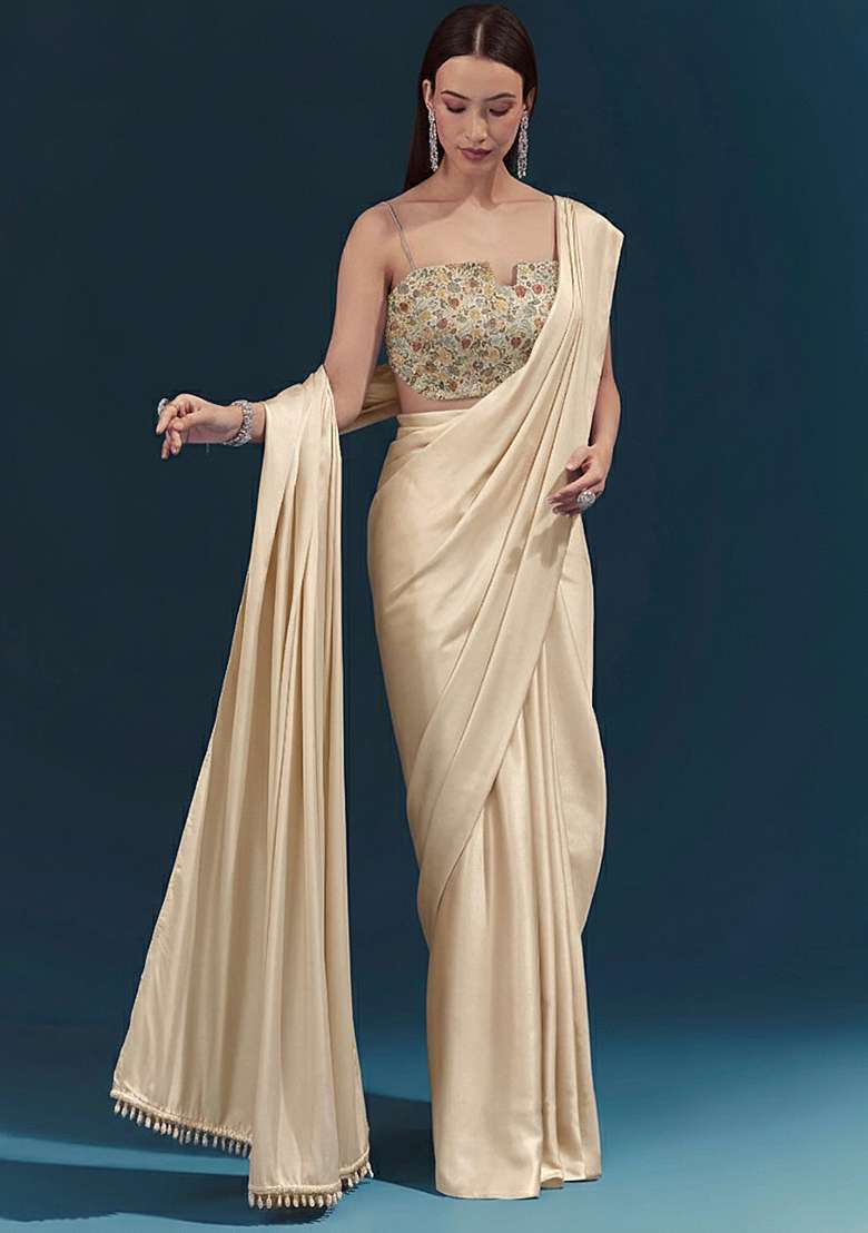 Golden Beige Embroidered Tissue Pre Draped Saree Set - Indya