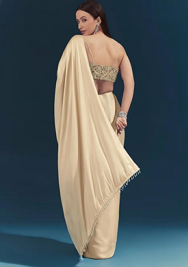 Golden Beige Embroidered Tissue Pre Draped Saree Set - Indya