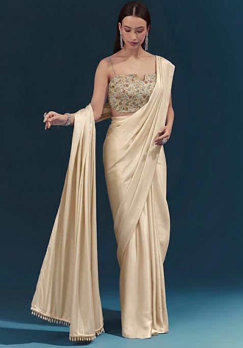 Golden Beige Embroidered Tissue Pre Draped Saree Set