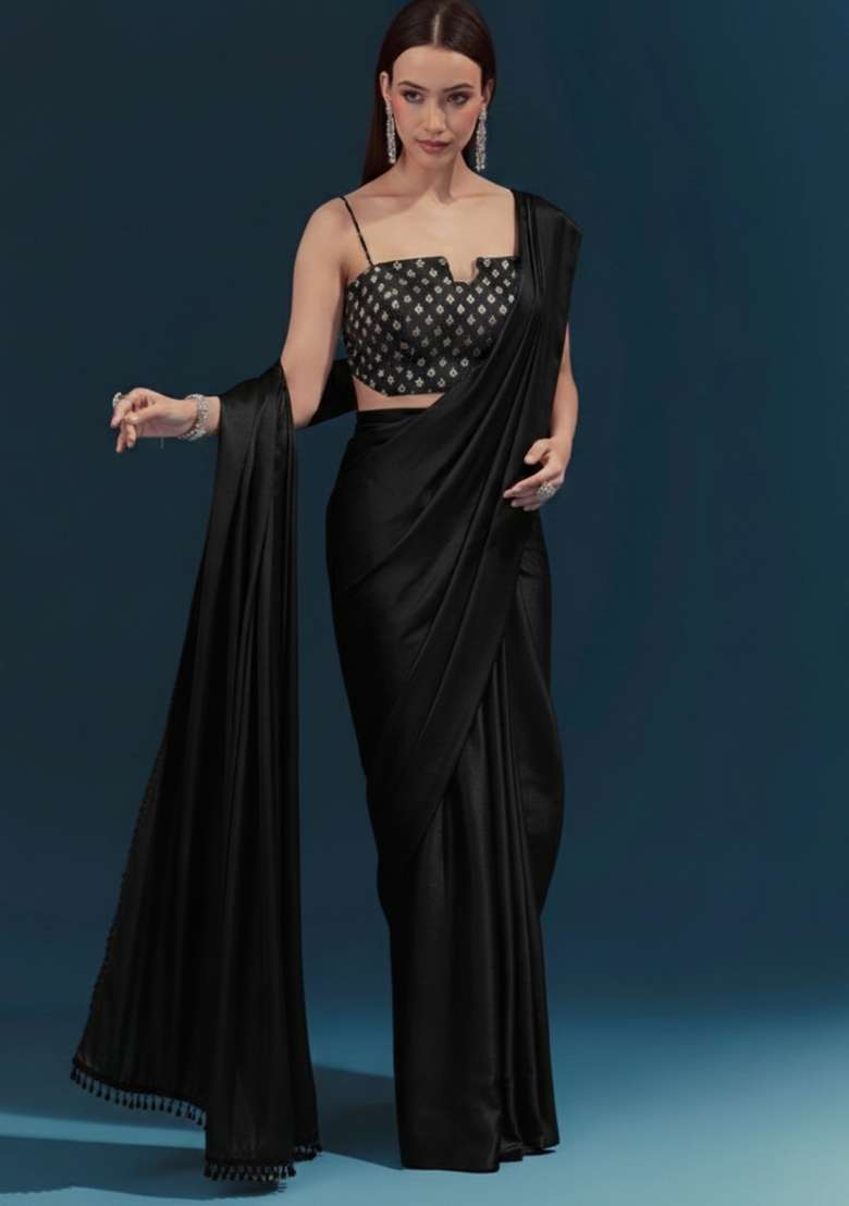 Black Silk Blend Pre Draped Saree Set for Diwali | Wedding & Festive Wear - Indya
