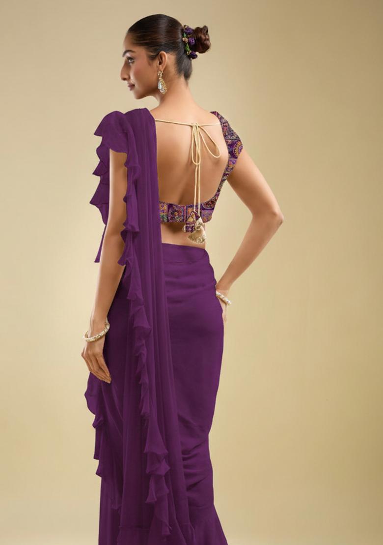 Purple Abstract Print Crepe Pre Draped Saree Set - Indya