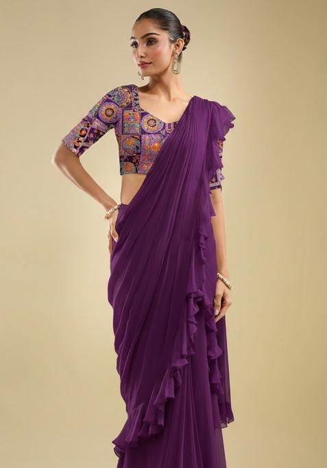 Purple Abstract Print Crepe Pre Draped Saree Set