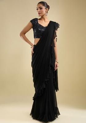 Black Embroidered Velvet Pre Draped Saree Set