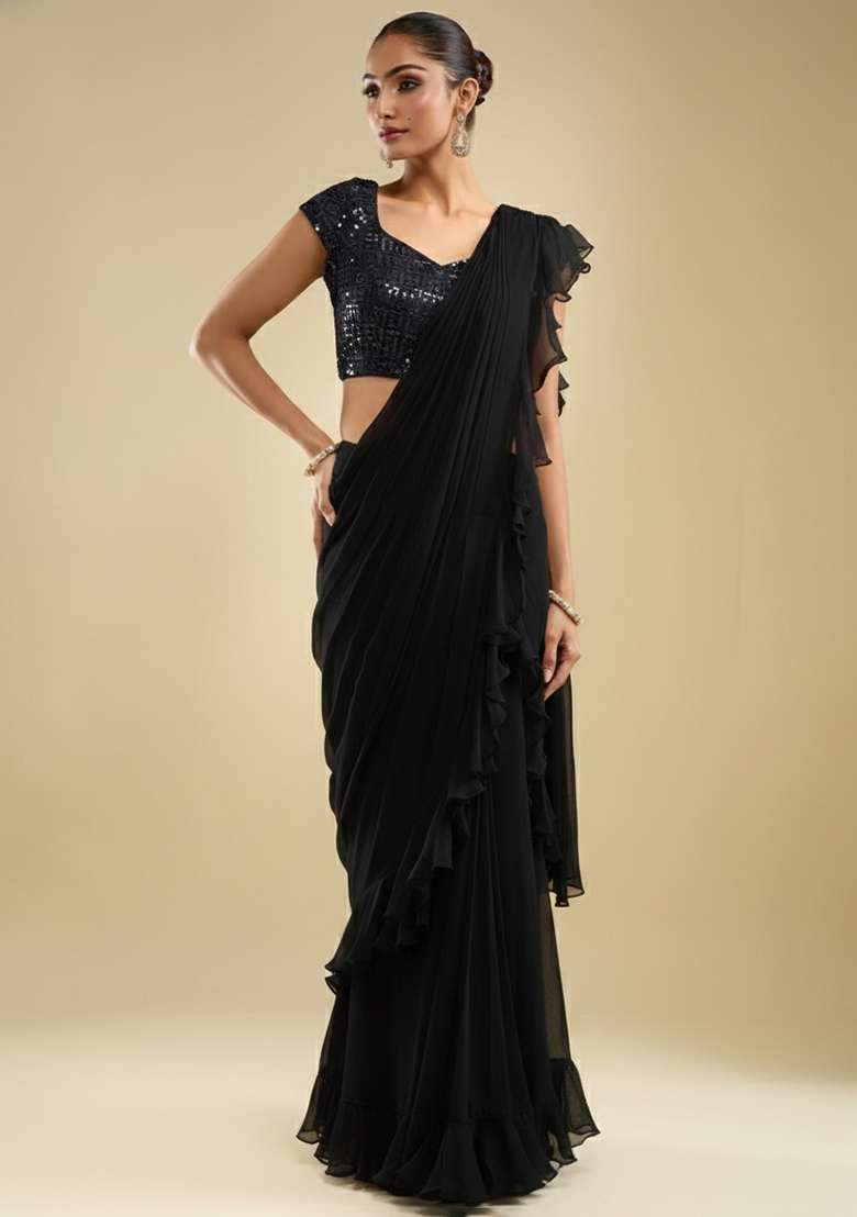 Black Embroidered Velvet Pre Draped Saree Set - Indya