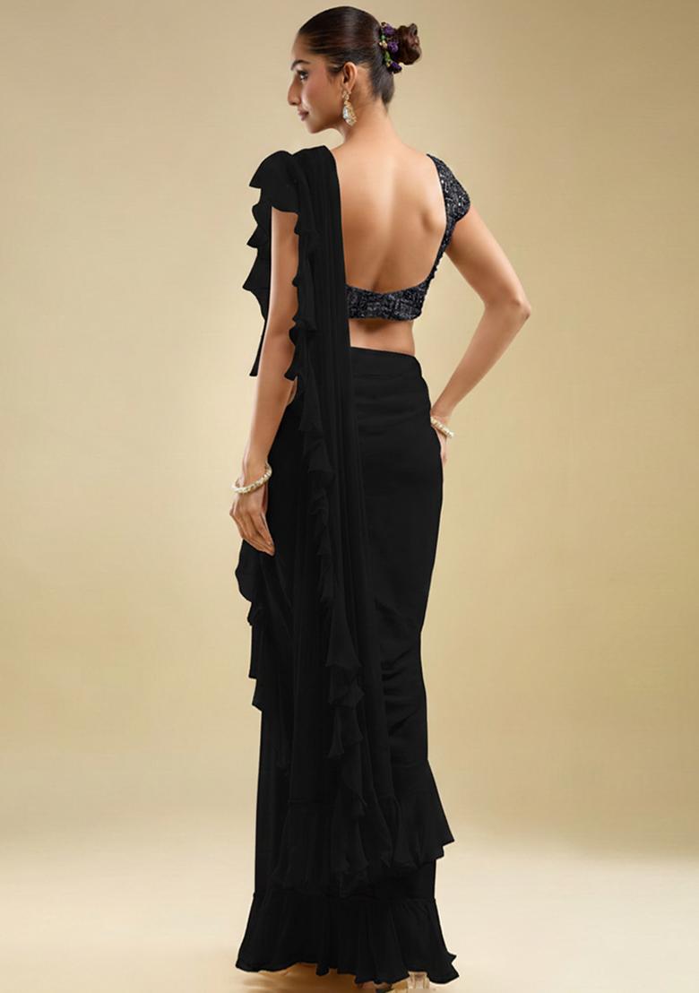Black Embroidered Velvet Pre Draped Saree Set - Indya