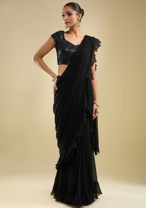 Black Embroidered Velvet Pre Draped Saree Set