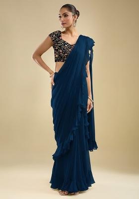 Deep Blue Embroidered Velvet Pre Draped Saree Set