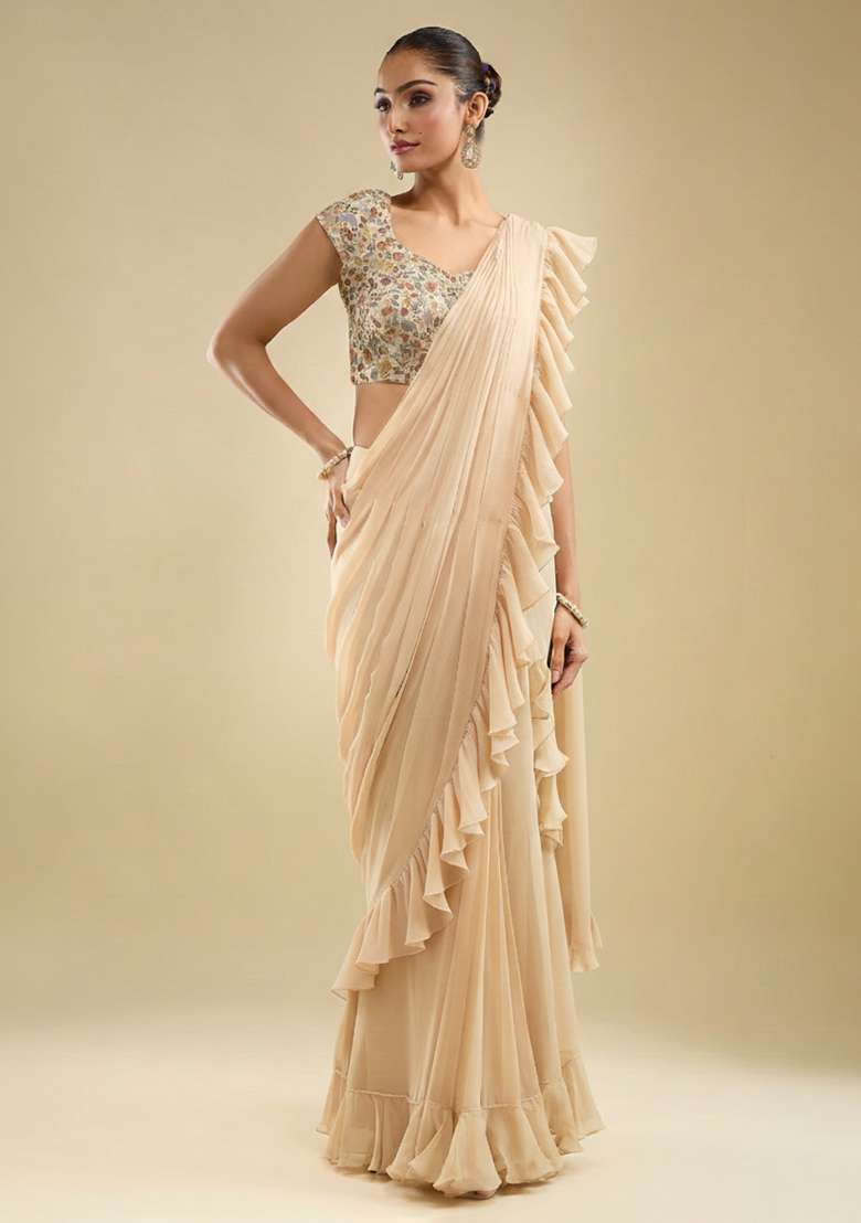 Cream Embroidered Tissue Pre Draped Saree Set - Indya