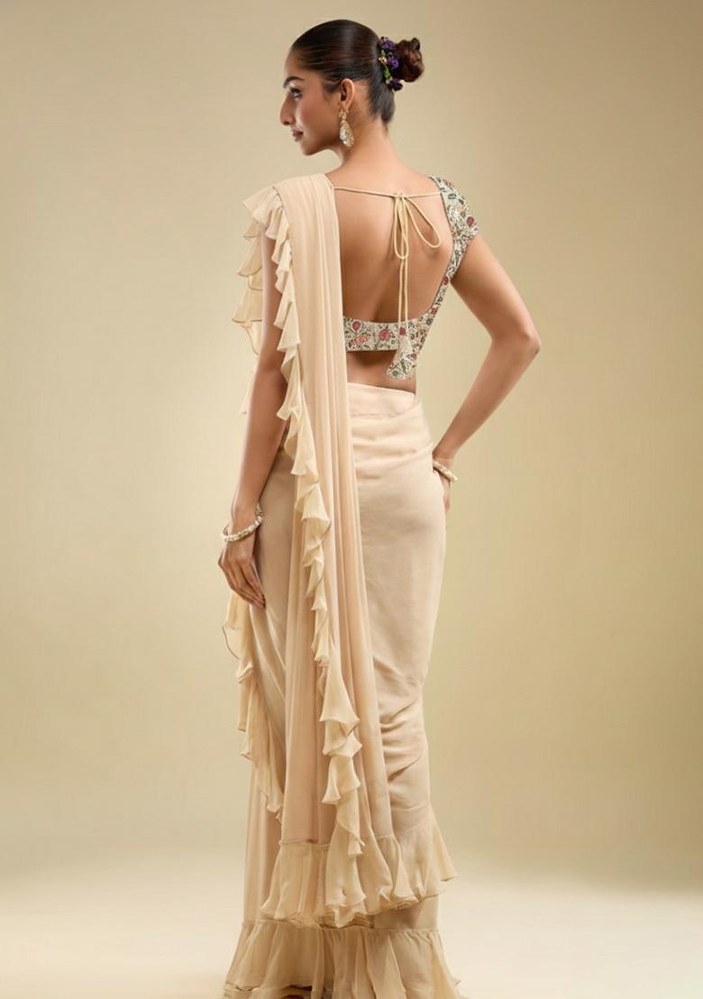 Cream Embroidered Tissue Pre Draped Saree Set - Indya