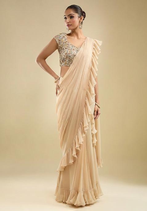 Cream Embroidered Tissue Pre Draped Saree Set